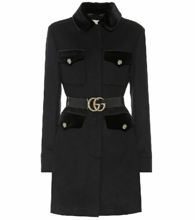 Gucci Velvet-trimmed Single Breasted Coat - 蓝色 In Black