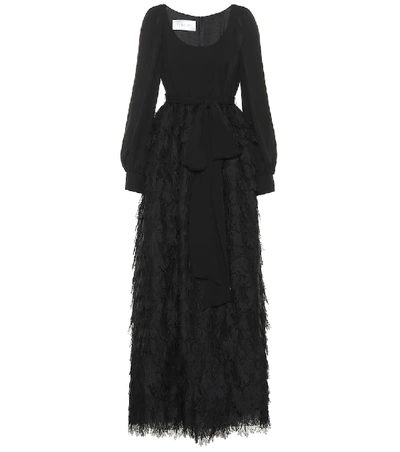 Valentino Long-sleeve Organza Scoop-neck Leaf Lace Gown In Black