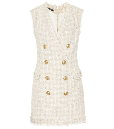 Balmain Fringed Tweed Double-breasted Mini Dress In Sable