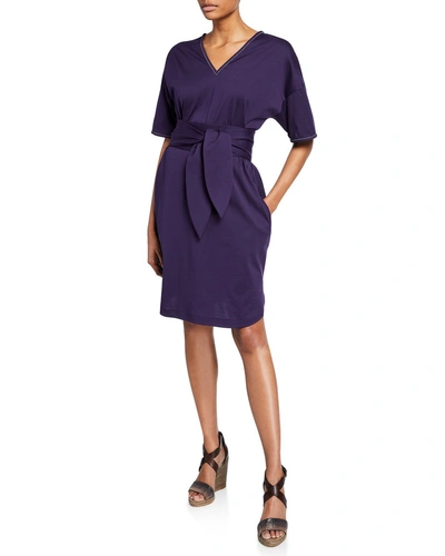 Brunello Cucinelli Monili-beaded 1/2-sleeve Cotton Wrap Dress In Purple