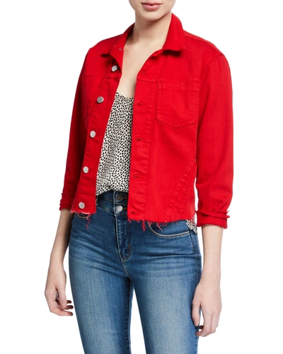 L Agence Janelle Slim Cropped Jean Jacket With Raw Hem In Engine Red