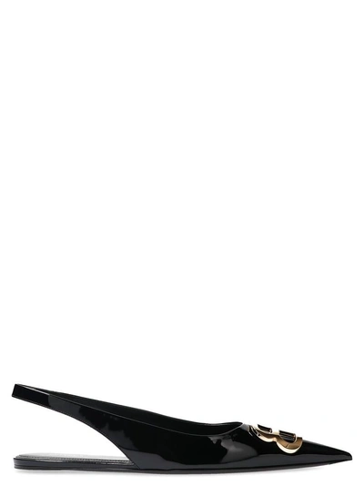 Balenciaga Knife Logo-embellished Coated-denim Slingback Point-toe Flats In Black