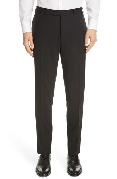Canali Flat Front Classic Fit Solid Stretch Wool Dress Pants In Black