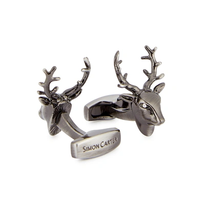 Simon Carter Gunmetal Stag Head Cufflinks In Silver