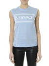 VERSACE EMBROIDERED LOGO TANK TOP AZURE & WHITE,10806299