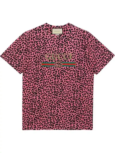 Gucci Logo And Leopard-print Cotton-jersey T-shirt In Pink