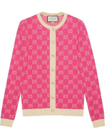 Gucci Long-sleeve Fine Cotton Crewneck Cardigan In Pink