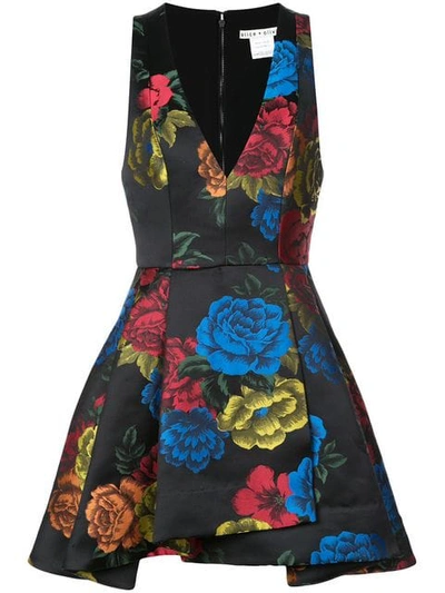 Alice And Olivia Tanner Asymmetric Floral Mini A-line Dress In Black Multi