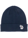 Ps By Paul Smith Zebra Logo Beanie In Black In Blue