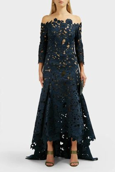 Oscar De La Renta Off-the-shoulder Floral Lace Gown In Navy