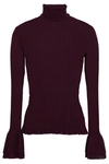 CINQ À SEPT CINQ À SEPT WOMAN RIBBED COTTON-BLEND TURTLENECK SWEATER PLUM,3074457345620105704