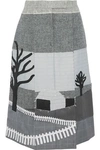 THOM BROWNE THOM BROWNE WOMAN PLEATED PATCHWORK WOOL, SILK AND COTTON MIDI SKIRT GRAY,3074457345619850276