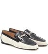 TOD'S DOUBLE T CANVAS AND LEATHER LOAFERS,P00382457