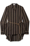 BRUNELLO CUCINELLI BELTED BEADED STRIPED COTTON AND SILK-BLEND SHIRT