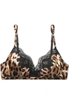 DOLCE & GABBANA LACE-TRIMMED LEOPARD-PRINT STRETCH-SILK SATIN SOFT-CUP TRIANGLE BRA