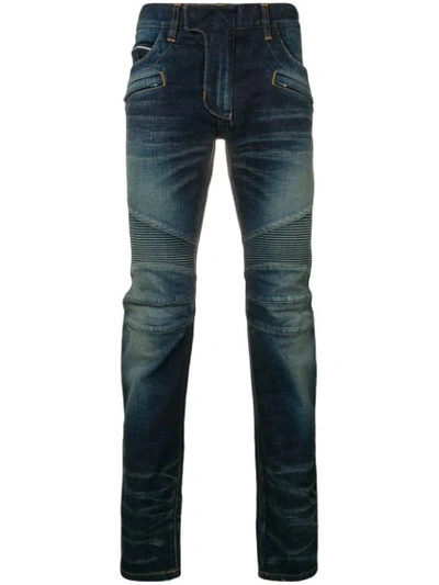 Balmain Studded Moto Skinny Jeans In Blue