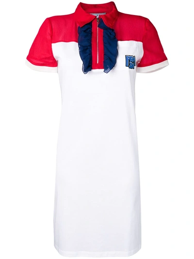 Prada Ruffle Front Polo Zip Cotton-silk Blend Dress - 白色 In Multicolour