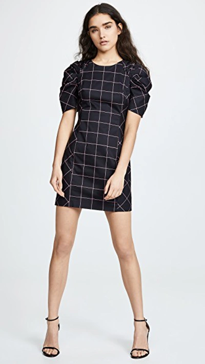 Milly Aria Ruched Sleeve Grid Shift Dress In Black