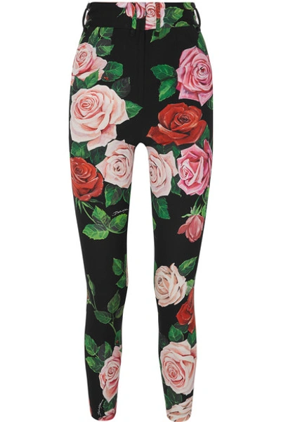 Dolce & Gabbana Floral-print Stretch-silk Charmeuse Skinny Trousers In Black