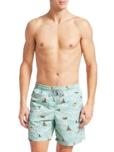 Saks Fifth Avenue Collection Hawaiian Surfer Swim Trunks In Teal