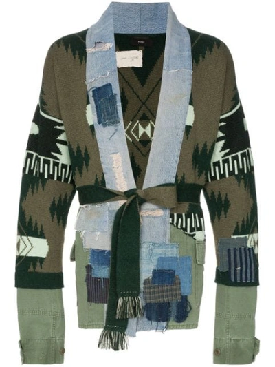 Alanui X Greg Lauren Denim And Cashmere Patch Cardigan In Green