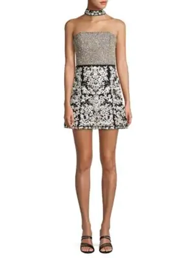 Alice And Olivia Paige Strapless Embroidered Mini Dress In Black Silver