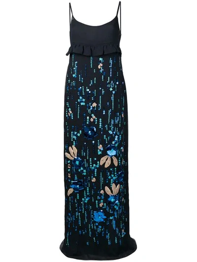 Prada Sleeveless Floral-embroidered Maxi Dress In Blue