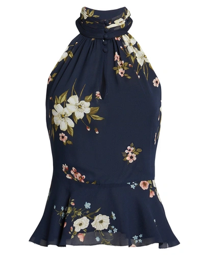 Joie Abbigayl Floral-print Silk Halter Peplum Top In Midnight