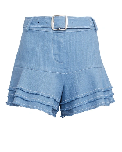 Alexis Jaymes Belted Linen Tiered Shorts In Blue