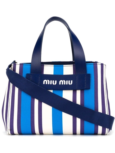 Miu Miu Striped Hemp & Leather Small Tote Bag In Blue
