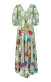 All Things Mochi Tila Floral-embroidered Linen Maxi Dress In Green