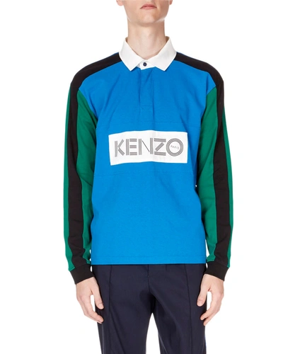 Kenzo Colorblock Long Sleeve Polo Shirt In Blue