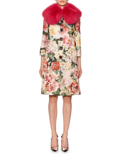 Dolce & Gabbana Shimmer Poppy Brocade Coat W/ Faux-fur Collar In Multi Pattern
