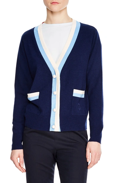 Sandro Clotilde Stripe Wool & Cashmere Cardigan In Navy Blue