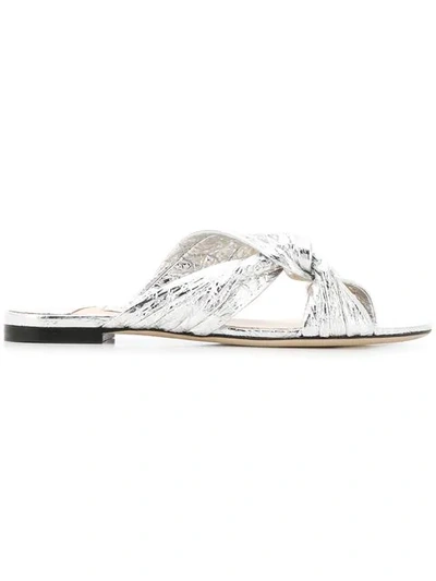 Jimmy Choo Lela Flat Silver Metallic Foil Leather Mule Sandals