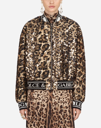 Dolce & Gabbana Sequin Embellished Leopard Print Bomber Jacket In S0905 Gold/black