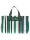 MIU MIU Miu Miu Large Tote Bag In Canvas Green And White Striped Pattern