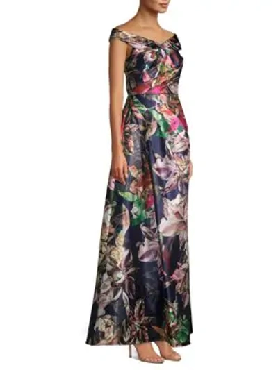 Aidan Mattox Bardot Off-the-shoulder Floral Gown In Navy