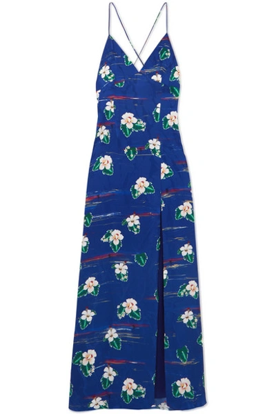 Racil Hawaiian Floral-print V-neck Strappy Gown In Blue