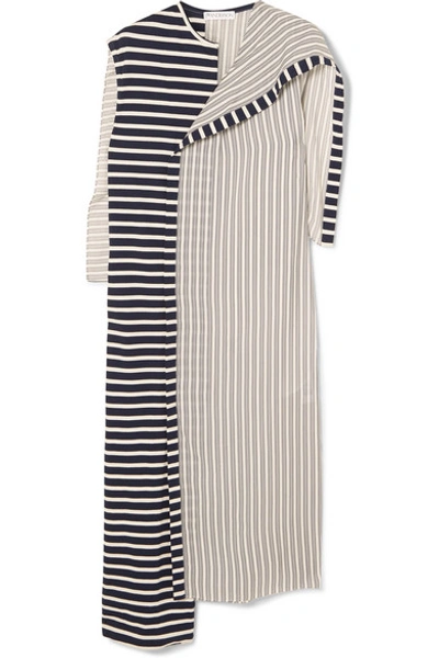 Jw Anderson Asymmetric Striped Jersey And Cotton Dress In Navy