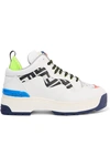 FENDI HOLOGRAPHIC LOGO-DETAILED RUBBER-TRIMMED LEATHER AND MESH SNEAKERS
