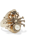 ALEXANDER MCQUEEN GOLD-PLATED, SWAROVSKI CRYSTAL AND FAUX PEARL RING