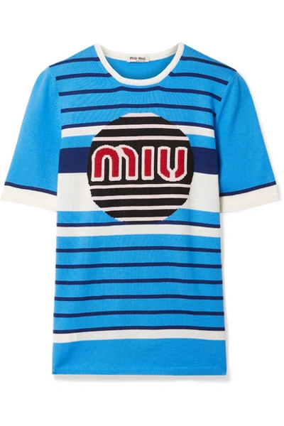 Miu Miu Short Sleeve Intarsia Logo Sweater In Blue