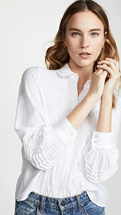 Alexis Greyson Smocked Long-sleeve Button-up Top In White