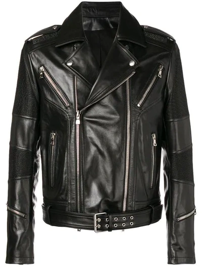 Balmain Men's Rib-patch Leather Moto Jacket In Pa Noir