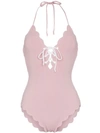 Marysia Broadway Scalloped Lace-up Gingham Stretch-seersucker Halterneck Swimsuit In Pink