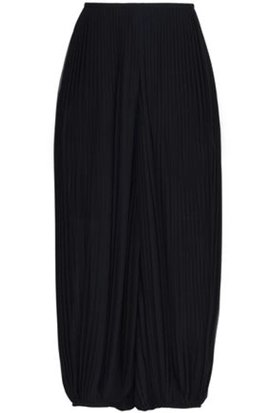Chloé Woman Cropped Pleated Georgette Wide-leg Trousers Midnight Blue