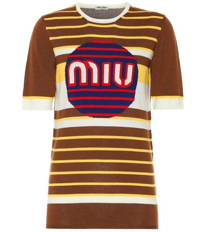 Miu Miu Logo Short-sleeved Wool Sweater In Brown