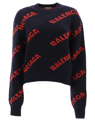 Balenciaga Logo Jacquard Wool Blend Crop Sweater In Navy Orange
