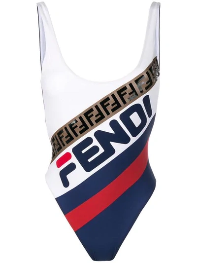 Fendi Mania Logo Printed Lycra Swimsuit In Navy